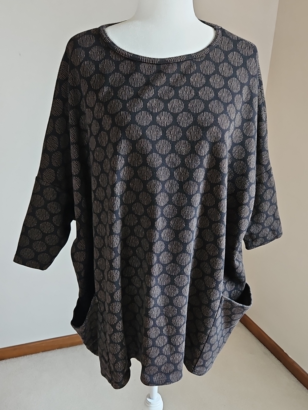 Cut Loose Boxy Raglan Short Sleeve Tunic Pockets Brown Polka Dot M- XL Lagenlook